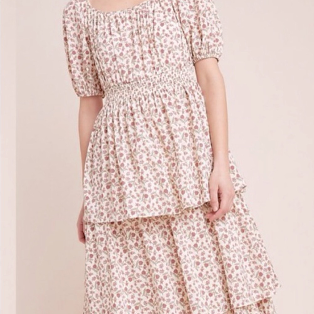 Anthropologie Boho fem tiered floral maxi dress.